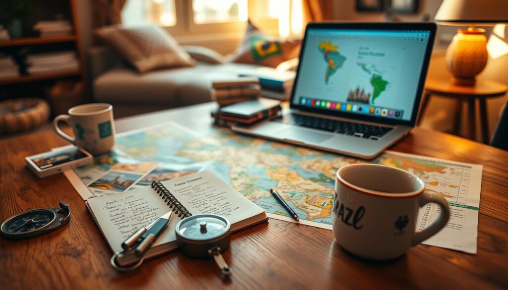 A detailed travel itinerary spread across a wooden table, featuring colorful maps, a notepad filled with organized notes, and a laptop displaying a calendar of events. In the foreground, a pair of compasses and a travel-themed coffee mug. The middle ground includes vibrant postcards from various destinations in Brazil, with an emphasis on cultural landmarks. The background shows a softly lit cozy room, with warm sunlight filtering through a window, enhancing the inviting atmosphere. Use a shallow depth of field to create focus on the itinerary elements while softly blurring the background. The overall mood should be inspiring and organized, conveying the excitement of planning a memorable extended holiday trip for the Independence celebration in 2026.