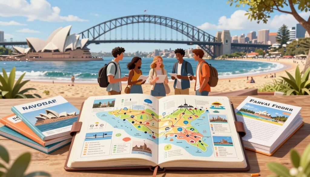A detailed, vibrant itinerary illustration for a 7-day adventure in Sydney, Australia, during the summer and New Year celebrations. Foreground: a beautifully arranged travel planner with a colorful map of Sydney, dotted with icons marking famous landmarks like the Sydney Opera House and Bondi Beach, surrounded by a few neatly stacked travel guides and a pen. Middle ground: a group of diverse travelers dressed in casual summer attire, happily discussing their plans, with a backdrop of Sydney's stunning skyline and the iconic Harbour Bridge under a bright blue sky. Background: clear ocean waves, sandy beaches, and lush greenery framing the scene, capturing the essence of summer in Australia. The image should have warm, inviting lighting with a soft focus effect to create a relaxed, adventurous mood.