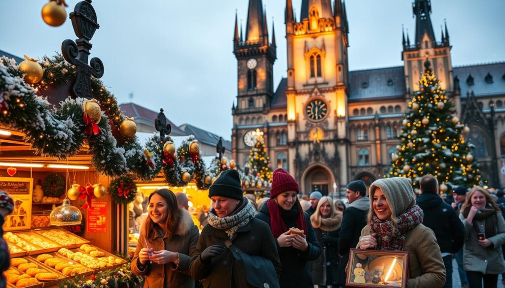 A festive Christmas scene in Prague's Old Town Square at twilight, with beautifully decorated market stalls filled with handcrafted ornaments and traditional Czech pastries. In the foreground, cheerful visitors in cozy winter clothing sample treats and admire local crafts under twinkling fairy lights. The iconic Astronomical Clock and gothic architecture of Church of Our Lady before Týn create an enchanting backdrop, illuminated by warm golden lights. Snow gently falls, adding a magical touch to the atmosphere. Capture the scene with a wide-angle lens, focusing on the lively characters and vibrant decorations, while maintaining a soft bokeh effect in the background to enhance the depth and warmth of the holiday spirit.