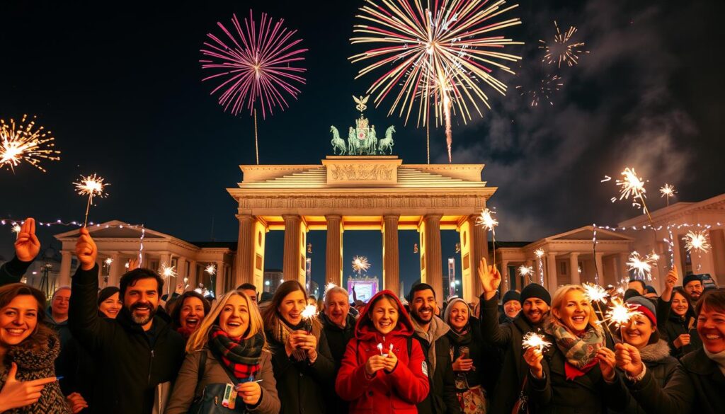 A festive New Year’s Eve celebration at the Brandenburg Gate in Berlin, showcasing traditional German customs. In the foreground, a diverse group of people dressed in warm, stylish winter attire, joyfully holding sparklers and celebrating with smiles that reflect the festive spirit. The middle ground features vibrant decorations, including illuminated lights and colorful banners, creating a lively atmosphere. The iconic Brandenburg Gate stands majestically in the background, highlighted against a clear night sky filled with fireworks bursting in various colors. Warm golden lighting enhances the joyful mood, and the scene captures the energy of a large gathering, with happy faces and laughter embodying the essence of local New Year traditions.