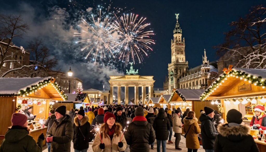 A festive New Year's Eve celebration in Germany, showcasing the vibrant atmosphere of Berlin and Munich during the winter season. In the foreground, a cheerful crowd dressed in cozy winter attire gathers around beautifully illuminated Christmas market stalls, some holding sparklers. In the middle ground, a lavish display of fireworks bursts above iconic landmarks, such as the Brandenburg Gate and Marienplatz, surrounded by snow-covered trees. The background features a starry night sky, casting a magical glow over the scene. The lighting should be warm and inviting, creating a sense of joy and excitement. Aim for a panoramic view, capturing the lively spirit of the celebrations with a focus on community and winter charm.