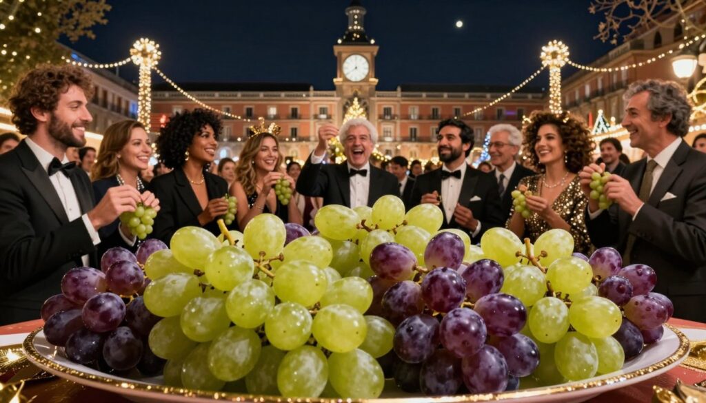 A festive New Year's Eve celebration scene in Spain, beautifully capturing the tradition of eating 12 grapes at midnight. In the foreground, a vibrant platter filled with fresh, glistening green and purple grapes, each grape carefully arranged and ready for the countdown. In the middle ground, a diverse group of dressed-up individuals in elegant attire, joyfully holding their grapes and preparing to celebrate, with smiles and laughter exchanged as the clock approaches midnight. The background features the iconic skyline of Barcelona or Madrid, adorned with twinkling lights, festive decorations, and a large clock tower showing the approaching hour. The atmosphere is filled with excitement and anticipation, enhanced by soft, warm lighting to create a cozy and inviting mood. The image should evoke feelings of joy and cultural richness, focusing on the vibrant energy of New Year’s festivities. A festive New Year's Eve celebration scene in Spain, beautifully capturing the tradition of eating 12 grapes at midnight. In the foreground, a vibrant platter filled with fresh, glistening green and purple grapes, each grape carefully arranged and ready for the countdown. In the middle ground, a diverse group of dressed-up individuals in elegant attire, joyfully holding their grapes and preparing to celebrate, with smiles and laughter exchanged as the clock approaches midnight. The background features the iconic skyline of Barcelona or Madrid, adorned with twinkling lights, festive decorations, and a large clock tower showing the approaching hour. The atmosphere is filled with excitement and anticipation, enhanced by soft, warm lighting to create a cozy and inviting mood. The image should evoke feelings of joy and cultural richness, focusing on the vibrant energy of New Year’s festivities.
