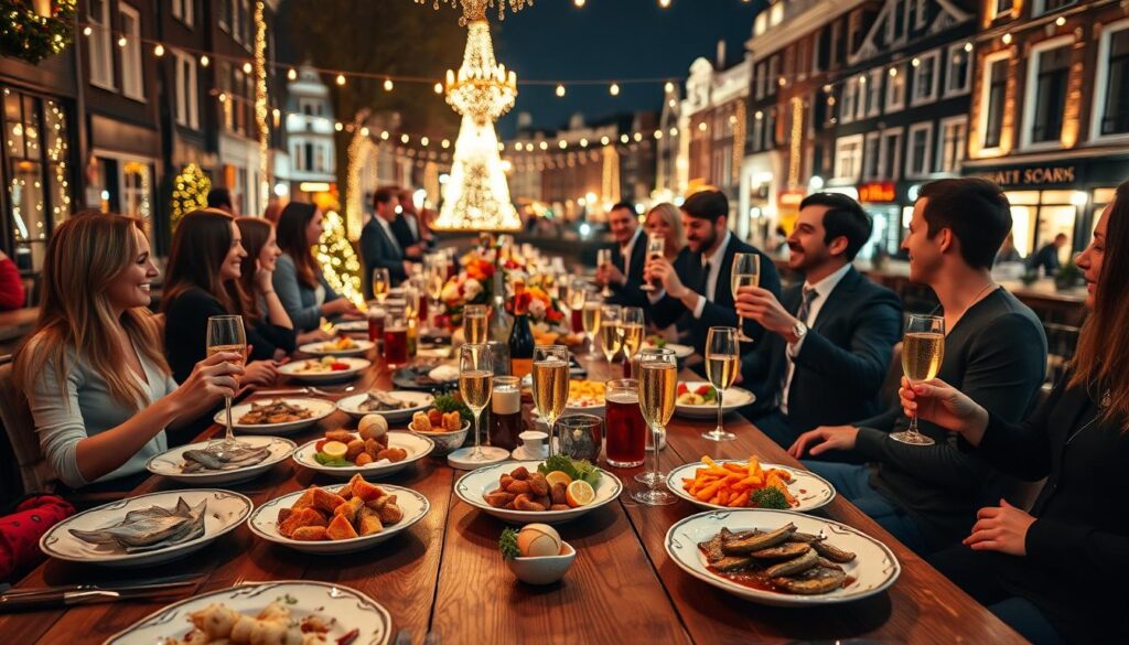 A festive New Year's Eve dining scene in Amsterdam, showcasing a long wooden table adorned with traditional Dutch dishes and drinks, such as herring, oliebollen, and champagne. In the foreground, beautifully arranged plates filled with seasonal delicacies, surrounded by colorful party decorations. The middle ground features elegantly dressed guests in smart casual attire, laughing and toasting with glasses. The background captures the charming illuminated canals of Amsterdam, lined with historic buildings and glowing festive lights. The scene is set in a warm, inviting atmosphere with soft golden lighting to evoke a celebratory mood. Shot from a slightly elevated angle to show the entire table setup through a wide lens, enhancing the festive spirit of the evening.