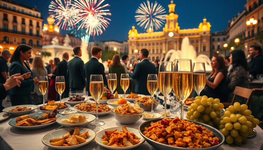 A festive New Year’s Eve dinner scene set in Barcelona’s Plaça d’Espanya. In the foreground, a beautifully arranged table laden with traditional Spanish dishes like tapas, seafood paella, and a bowl of 12 grapes representing the "uvas da sorte." Glasses of sparkling cava reflect golden light, enhancing the celebratory atmosphere. In the middle ground, diverse groups of people in smart casual attire enjoy the feast, laughing and toasting the New Year. The background features the iconic fountains and architectural beauty of Plaça d’Espanya, lit under the evening sky, showcasing vibrant fireworks bursting above. Warm, ambient lighting creates a joyful and inviting mood, while the lens captures the scene with a slight depth of field to emphasize the gathering.