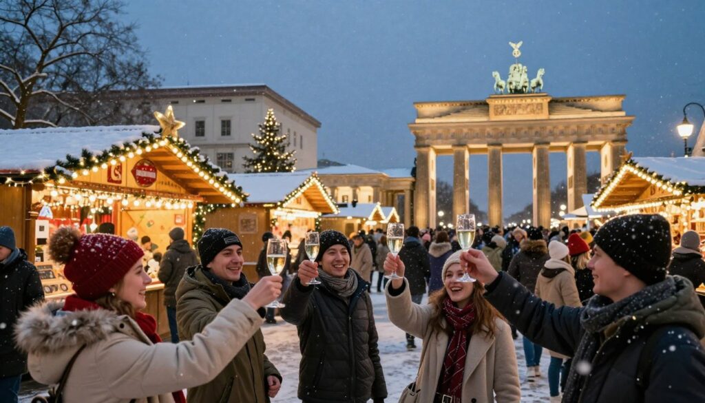 A festive New Year's celebration in Germany, featuring vibrant customs from Berlin and Munich. In the foreground, a group of friends wearing modest winter attire raises glasses of sparkling wine, celebrating joyously. The middle ground showcases an illuminated Christmas market, with vendor stalls adorned with twinkling lights and traditional decorations. The background reveals iconic landmarks of Berlin and Munich, such as the Brandenburg Gate and Marienplatz, framed under a starry winter sky. Soft snowflakes fall gently, creating a magical winter atmosphere. The image is bathed in warm, inviting light, capturing the spirit of togetherness and festivity, ideal for winter celebrations. Shot with a wide-angle lens to capture the lively scene and enhance the depth.