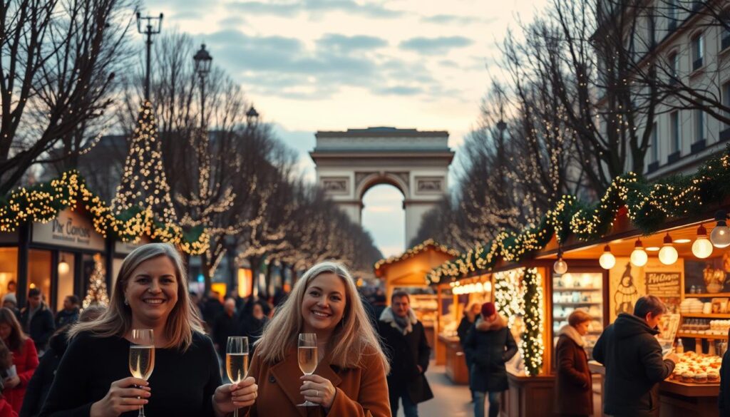 A festive Parisian street scene during Christmas, showcasing traditional holiday decorations along the Champs-Élysées, with sparkling lights draping the trees and storefronts. In the foreground, a group of elegantly dressed people is enjoying glasses of champagne, smiling and celebrating the season. In the middle, charming wooden stalls display artisanal holiday goods and delicious seasonal treats, surrounded by a lively crowd. The background features the iconic Arc de Triomphe adorned with twinkling lights, under a dusky sky that casts a warm glow on the scene. The atmosphere is joyous and magical, captured from a slightly elevated angle to emphasize the bustling energy and vibrant colors of the holiday spirit in Paris, illuminated beautifully by soft, ambient lighting.