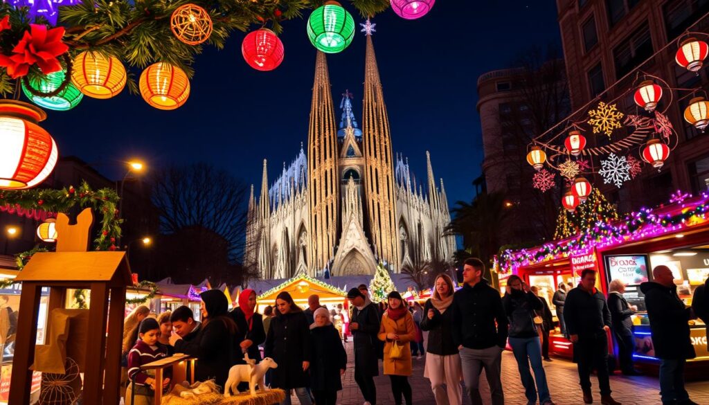 A festive night scene in Barcelona showcasing the breathtaking Sagrada Família illuminated with vibrant Christmas lights. In the foreground, a decorated nativity scene with traditional Spanish elements, including a Caganer figurine. The middle ground features families and tourists in modest clothing, joyfully admiring the lights and taking photos, with colorful holiday decorations hanging overhead. In the background, the iconic silhouette of the Sagrada Família towers against a starry sky, surrounded by glowing Christmas markets filled with stalls selling local treats. Soft lantern light casts a warm, inviting glow on the cobblestone streets, creating a magical, joyful atmosphere brimming with holiday spirit. Capture this moment with a slightly elevated angle to emphasize the grandeur of the architecture.