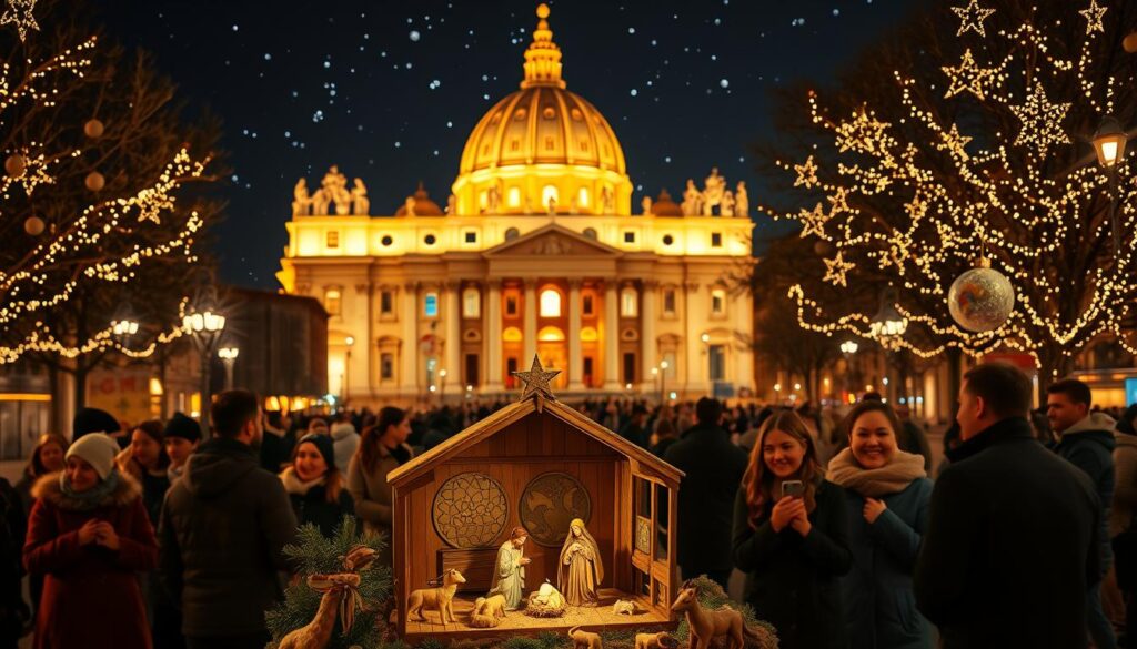 A festive scene showcasing Christmas in Rome, centered around the illuminated Vatican, with a stunning view of St. Peter's Basilica glowing in warm golden lights against a starry night sky. In the foreground, a beautifully crafted artisan nativity scene displays intricate details, featuring hand-carved figures of Mary, Joseph, and the baby Jesus, surrounded by charming animals. The middle ground captures groups of joyful visitors, dressed in modest winter clothing, admiring the nativity and the decorations. Soft, twinkling lights hang from nearby trees, enhancing the holiday spirit. The atmosphere is warm and inviting, filled with a sense of wonder and celebration, shot with a slight upward angle to emphasize the splendor of the Vatican and the decorations. A festive scene showcasing Christmas in Rome, centered around the illuminated Vatican, with a stunning view of St. Peter's Basilica glowing in warm golden lights against a starry night sky. In the foreground, a beautifully crafted artisan nativity scene displays intricate details, featuring hand-carved figures of Mary, Joseph, and the baby Jesus, surrounded by charming animals. The middle ground captures groups of joyful visitors, dressed in modest winter clothing, admiring the nativity and the decorations. Soft, twinkling lights hang from nearby trees, enhancing the holiday spirit. The atmosphere is warm and inviting, filled with a sense of wonder and celebration, shot with a slight upward angle to emphasize the splendor of the Vatican and the decorations.