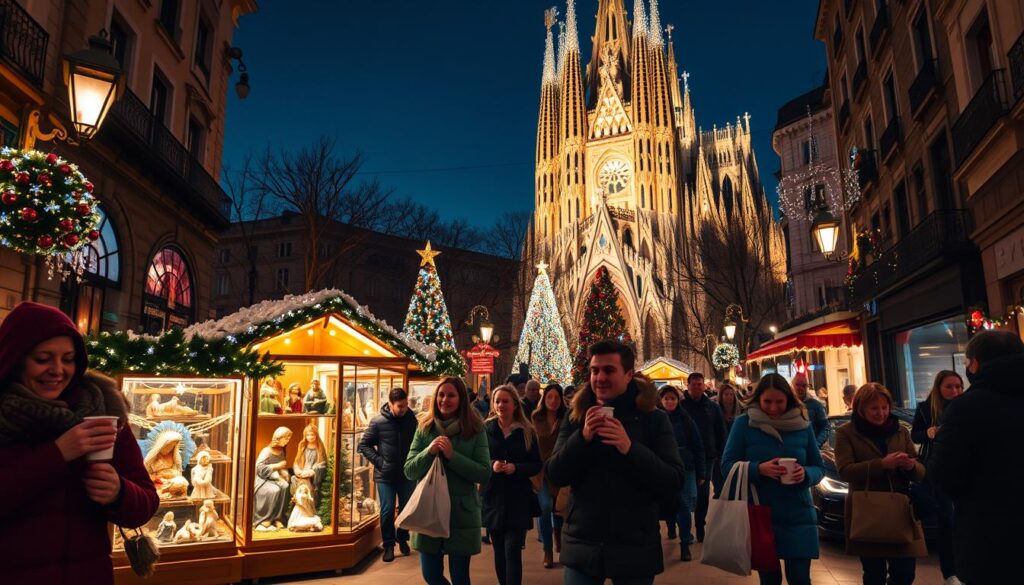 A festive street scene in Barcelona during Christmas, showcasing the Sagrada Família illuminated with vibrant holiday lights shimmering against the night sky. In the foreground, people dressed in warm, casual winter attire are happily exploring the street, carrying shopping bags and sipping hot cocoa. In the middle ground, numerous traditional nativity figures, including the unique Caganer, are displayed in festive markets, surrounded by twinkling decorations and greenery. The background features the iconic architecture of the Sagrada Família, with its towering spires glowing in gold and blue hues. The atmosphere is magical and bustling, filled with holiday cheer, as soft, warm lighting enhances the lively ambiance of the scene. Use a wide-angle shot to capture the depth and vibrancy of this holiday celebration.