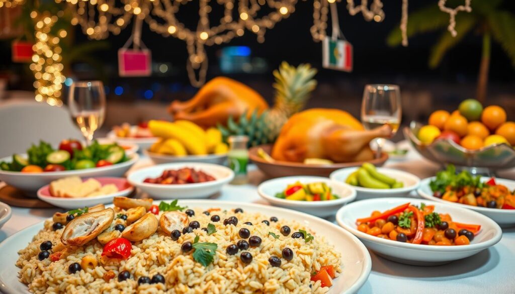 A festive table set for a traditional Brazilian New Year's Eve feast, showcasing a variety of typical dishes. In the foreground, a beautifully arranged platter of risotto with seafood, black-eyed peas, and fresh salads, garnished with herbs and colorful vegetables. The middle ground features a golden roasted turkey and a vibrant fruit bowl with tropical fruits like pineapple and passion fruit. In the background, a lively atmosphere with festive decorations, twinkling lights, and a glimpse of Copacabana beach at night. Soft, warm lighting creates an inviting, celebratory mood, capturing the essence of réveillon festivities in Rio de Janeiro. The composition should be inviting and arranged with a focus on the sumptuous food spread, evoking a sense of joy and cultural richness.