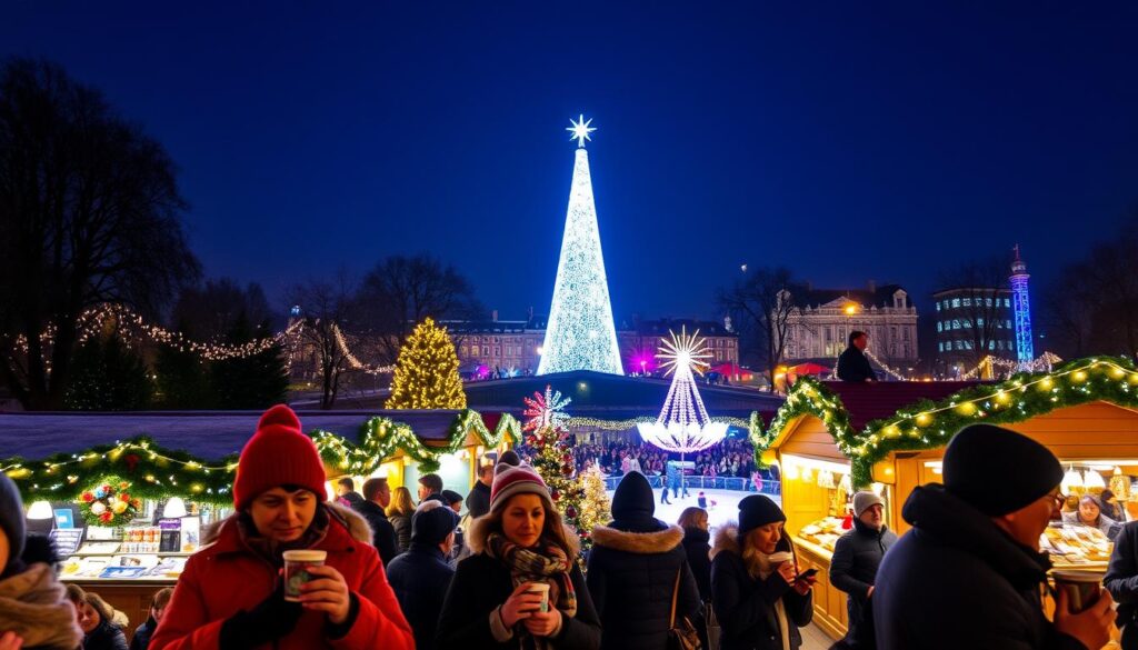 A festive winter scene at Hyde Park Winter Wonderland, illuminated by vibrant Christmas lights. In the foreground, visitors bundled in warm clothing enjoy hot beverages, creating a cozy and joyous atmosphere. The middle ground features beautifully decorated Christmas market stalls filled with holiday treats and crafts, surrounded by twinkling fairy lights and lush greenery. In the background, the iconic winter attractions, like a sparkling ice skating rink and a towering Christmas tree, stand prominently against a crisp, dark blue winter sky. The scene captures the enchantment of Victorian tradition, with soft, glowing lights casting a warm hue over the entire landscape, enhancing the spirit of Christmas in London. Use a wide-angle lens to emphasize the bustling holiday cheer and festive installations. A festive winter scene at Hyde Park Winter Wonderland, illuminated by vibrant Christmas lights. In the foreground, visitors bundled in warm clothing enjoy hot beverages, creating a cozy and joyous atmosphere. The middle ground features beautifully decorated Christmas market stalls filled with holiday treats and crafts, surrounded by twinkling fairy lights and lush greenery. In the background, the iconic winter attractions, like a sparkling ice skating rink and a towering Christmas tree, stand prominently against a crisp, dark blue winter sky. The scene captures the enchantment of Victorian tradition, with soft, glowing lights casting a warm hue over the entire landscape, enhancing the spirit of Christmas in London. Use a wide-angle lens to emphasize the bustling holiday cheer and festive installations.