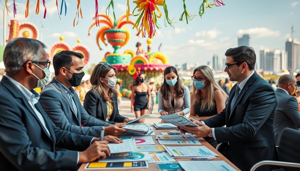 A financial planning scene set amidst the vibrant atmosphere of Carnaval. In the foreground, a diverse group of professionals in smart business attire gathered around a table covered with colorful brochures and spreadsheets, discussing budget strategies for Carnaval trips. They exude energy and focus, surrounded by festive decorations like streamers and masks. In the middle ground, bright Carnaval floats and lively dancers in modest carnival attire are visible, capturing the excitement of the festival. The background features a sunny sky with a city skyline hinting at popular Carnaval destinations. The lighting is bright and cheerful, evoking a sense of celebration while still conveying a professional tone. The angle should be slightly elevated to capture both the planning aspect and the festive environment.