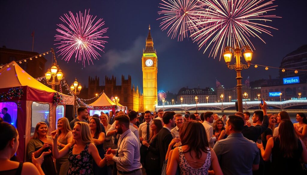 A lively New Year's Eve celebration in London, showcasing festive parties and music. In the foreground, a diverse group of people dressed in smart casual attire joyfully dancing and enjoying themselves, holding drinks and celebrating. The middle ground features beautifully decorated party tents with colorful lights and decorations, creating a vibrant atmosphere. In the background, the iconic Big Ben is prominently visible, illuminated against the night sky, while colorful fireworks explode above, reflecting in the shimmering Thames River. The scene is bathed in warm golden light from street lamps and party decorations, capturing the excitement and joy of the occasion. The perspective is slightly elevated, providing a dynamic view, and the mood is festive and celebratory, perfect for the New Year's celebration.