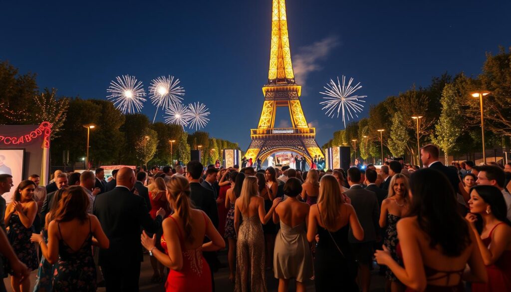 A lively musical réveillon scene in Paris, featuring a vibrant outdoor celebration along the Champs-Élysées with elegantly dressed people enjoying live music and festive performances. In the foreground, a diverse group of guests, dressed in chic evening attire, dances joyfully. The middle ground showcases a dazzling stage with musicians and performers entertaining the crowd, surrounded by colorful lights and decorations. The Eiffel Tower looms majestically in the background, illuminated with sparkling lights against a midnight blue sky filled with fireworks, creating a magical atmosphere. The scene captures the excitement and warmth of local traditions, evoking a sense of celebration and togetherness. Soft, ambient lighting enhances the festive mood, with a wide-angle view to encompass the lively environment.