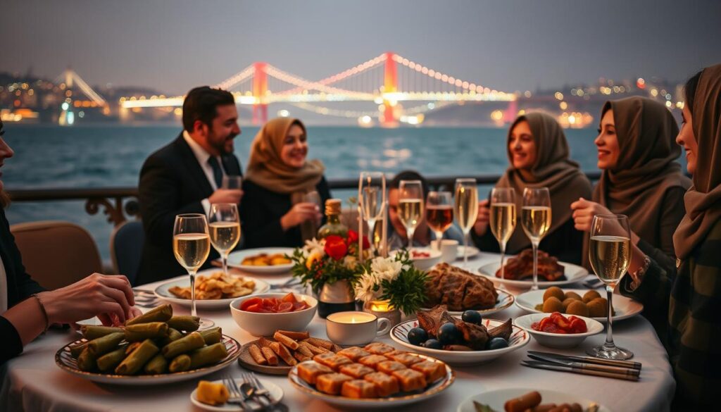 A lively scene depicting a traditional New Year's Eve dinner in Istanbul, set against the backdrop of the Bosphorus illuminated with festive lights. In the foreground, a beautifully arranged table features a variety of Turkish delicacies, including stuffed grape leaves, baklava, and roasted lamb, complemented by glasses of raki and sparkling wine. The middle ground showcases elegantly dressed guests in modest attire, engaging in warm conversation and laughter, capturing the spirit of celebration. In the background, the iconic Eurasia Bridge is visible, adorned with colorful lights reflecting on the water. The atmosphere is cozy and festive, with soft, warm lighting creating an inviting and cheerful mood. The image should evoke feelings of togetherness and joy, perfect for a New Year's celebration in Istanbul. A lively scene depicting a traditional New Year's Eve dinner in Istanbul, set against the backdrop of the Bosphorus illuminated with festive lights. In the foreground, a beautifully arranged table features a variety of Turkish delicacies, including stuffed grape leaves, baklava, and roasted lamb, complemented by glasses of raki and sparkling wine. The middle ground showcases elegantly dressed guests in modest attire, engaging in warm conversation and laughter, capturing the spirit of celebration. In the background, the iconic Eurasia Bridge is visible, adorned with colorful lights reflecting on the water. The atmosphere is cozy and festive, with soft, warm lighting creating an inviting and cheerful mood. The image should evoke feelings of togetherness and joy, perfect for a New Year's celebration in Istanbul.