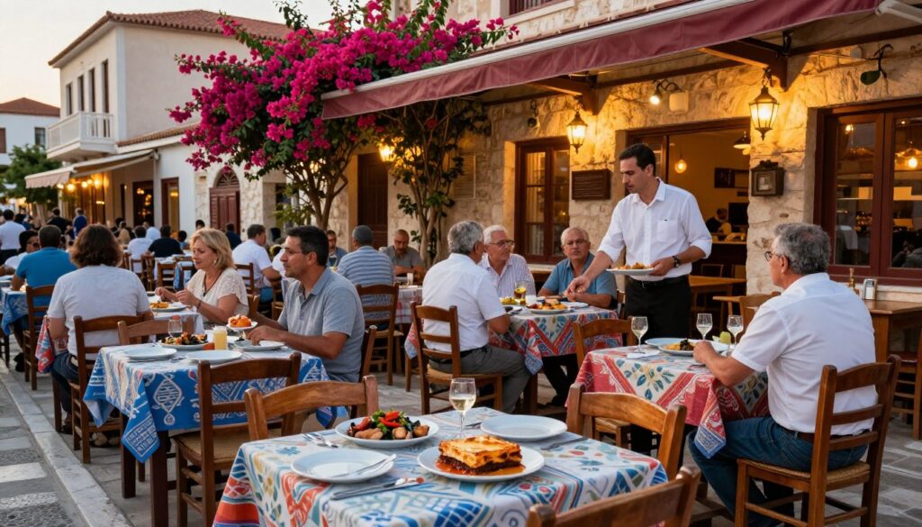 A lively scene depicting traditional Greek restaurants in Athens, featuring outdoor seating with wooden tables adorned with colorful tablecloths. The foreground showcases a cozy dining setup with plates of authentic Greek cuisine like moussaka and fresh seafood. In the middle, patrons in modest casual clothing enjoy their meals, immersed in conversation, while a friendly waiter serves drinks. The background reveals charming, stone-walled buildings adorned with vibrant bougainvillea and soft, glowing lights that create a warm ambiance. The setting is bathed in golden hour sunlight, creating a serene and inviting atmosphere perfect for indulging in local flavors. The angle captures a wide view of the street, emphasizing the vibrant life of Athens in the off-season.