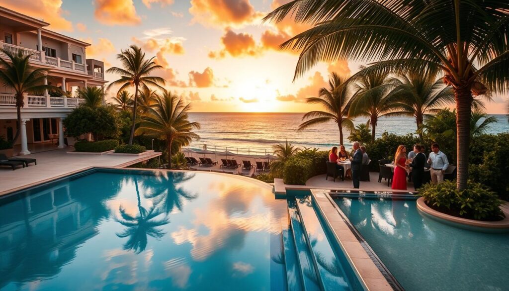 A luxurious beachfront hotel in Cancún during sunset, featuring elegant architecture and surrounded by lush tropical gardens. In the foreground, a beautiful infinity pool reflects the vibrant colors of the sky, with palm trees swaying gently in the breeze. The middle ground showcases well-dressed guests enjoying cocktails on the terrace, exuding a festive atmosphere. In the background, the stunning Caribbean Sea sparkles under the warm light, with soft waves gently lapping at the shore. The scene is illuminated by soft golden light, creating a warm and inviting mood, perfect for a New Year's celebration. Capture this picturesque setting with a wide angle, emphasizing the tranquility and luxury of the ideal New Year's Eve getaway in Cancún. A luxurious beachfront hotel in Cancún during sunset, featuring elegant architecture and surrounded by lush tropical gardens. In the foreground, a beautiful infinity pool reflects the vibrant colors of the sky, with palm trees swaying gently in the breeze. The middle ground showcases well-dressed guests enjoying cocktails on the terrace, exuding a festive atmosphere. In the background, the stunning Caribbean Sea sparkles under the warm light, with soft waves gently lapping at the shore. The scene is illuminated by soft golden light, creating a warm and inviting mood, perfect for a New Year's celebration. Capture this picturesque setting with a wide angle, emphasizing the tranquility and luxury of the ideal New Year's Eve getaway in Cancún.