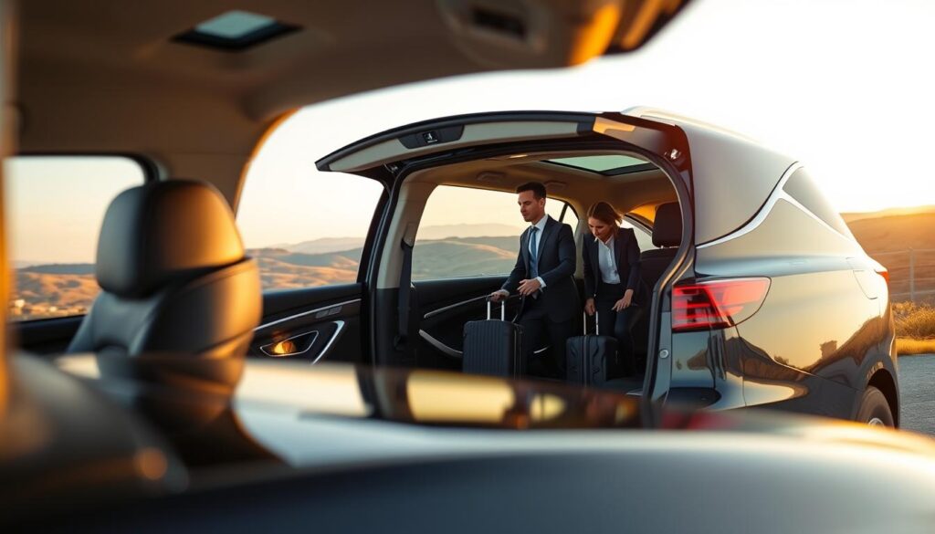 A luxurious executive vehicle parked in a scenic location, showcasing comfort and security in transportation. The foreground features the sleek profile of a modern black sedan with leather upholstery visible through the open door. In the middle ground, there are professional-looking individuals in business attire, engaged in a conversation while placing their luggage into the trunk. They exhibit a sense of ease and sophistication. The background presents a picturesque view of rolling hills and a clear sky, bathed in warm golden hour lighting that enhances the tranquil atmosphere. The lens angle captures the scene from a slightly low perspective, emphasizing the vehicle's elegance and the serene environment, conveying a mood of confidence and relaxation.