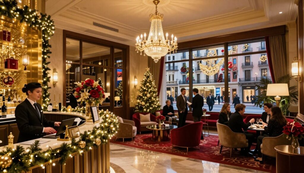 A luxurious hotel lobby in Barcelona and Madrid during New Year's Eve, showcasing elegant decor with glittering lights and festive arrangements. The foreground features a beautifully decorated reception area with a friendly concierge in professional attire, welcoming guests. In the middle, a stunning chandelier hangs from a high ceiling, casting warm, inviting light throughout the space, with plush furniture arranged for social gatherings. The background reveals large windows, showcasing a view of a vibrant city street adorned with New Year's decorations. The atmosphere is filled with excitement and joy, capturing the anticipation of the celebrations, while the overall color palette consists of rich gold and deep red tones, enhancing the festive mood. The image conveys warmth, luxury, and a spirit of celebration. A luxurious hotel lobby in Barcelona and Madrid during New Year's Eve, showcasing elegant decor with glittering lights and festive arrangements. The foreground features a beautifully decorated reception area with a friendly concierge in professional attire, welcoming guests. In the middle, a stunning chandelier hangs from a high ceiling, casting warm, inviting light throughout the space, with plush furniture arranged for social gatherings. The background reveals large windows, showcasing a view of a vibrant city street adorned with New Year's decorations. The atmosphere is filled with excitement and joy, capturing the anticipation of the celebrations, while the overall color palette consists of rich gold and deep red tones, enhancing the festive mood. The image conveys warmth, luxury, and a spirit of celebration.