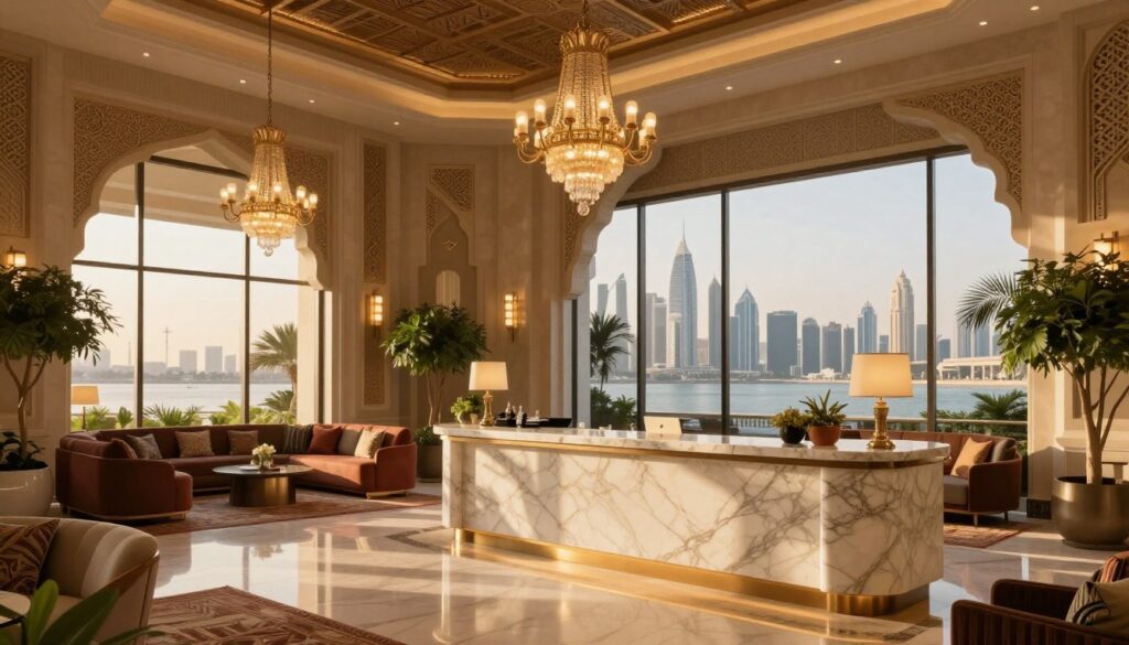 A luxurious hotel lobby in Dubai, showcasing contemporary Middle Eastern architecture with ornate details. In the foreground, a welcoming reception desk made of polished marble and elegant chandeliers hanging from the ceiling. The middle ground features plush seating areas adorned with rich textiles, greenery, and a stunning view through large windows revealing the iconic skyline of Abu Dhabi in the background. The lighting is warm and inviting, creating a cozy yet sophisticated atmosphere. Capture this scene during golden hour, where soft sunlight filters through, casting gentle shadows and highlighting the elegant design elements. Emphasize a sense of comfort, warmth, and hospitality, suitable for travelers seeking high-quality accommodation.