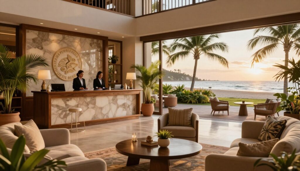 A luxurious hotel lobby in Punta del Este, Uruguay, showcasing a stylish and inviting ambiance. In the foreground, plush seating areas with elegant furniture, some adorned with tropical decor, invite relaxation. The middle ground features a sleek reception desk with friendly staff dressed in professional attire, ready to assist guests. Large windows fill the space with warm, natural lighting, offering views of the picturesque beach and palm trees in the background. A subtle sunset casts a golden glow, creating a serene and welcoming atmosphere. The overall mood reflects comfort and sophistication, perfect for travelers seeking a premium experience while enjoying their stay in Uruguay.