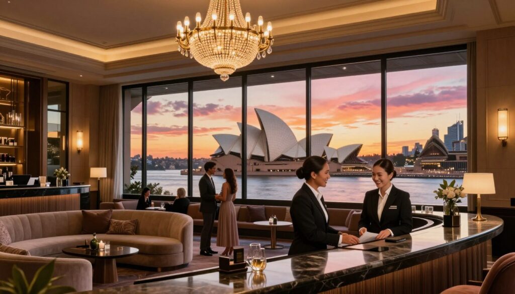 A luxurious hotel lobby in Sydney, featuring elegant decor with plush seating and a stunning chandelier overhead. In the foreground, a well-dressed receptionist greets guests with a warm smile, while a couple in upscale attire admires a vibrant view of the Sydney Opera House from the expansive glass windows in the middle ground. The background showcases the iconic Sydney skyline at sunset, with a colorful sky filled with hues of orange and pink reflecting off the water. Soft, warm lighting creates an inviting atmosphere, highlighting the opulence of the setting. Capture this scene from a slightly elevated angle to emphasize both the spacious lobby and the breathtaking view.