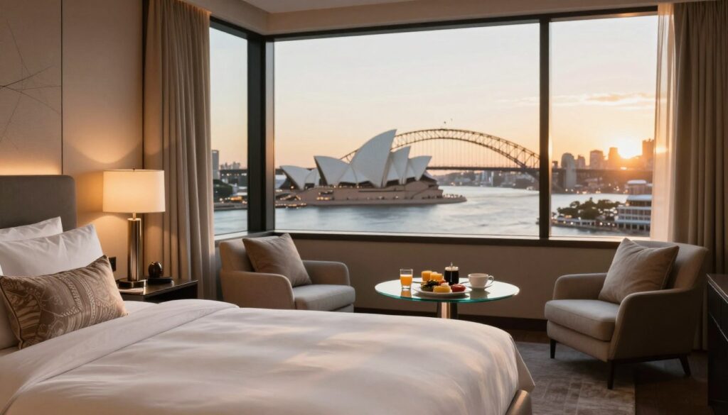 A luxurious hotel room in Sydney, elegantly designed with modern furnishings and large windows offering a stunning view of the iconic Sydney Opera House and Harbour Bridge. The foreground features a plush king-sized bed with soft, white linens and decorative cushions. On the bedside, a stylish lamp casts warm, inviting light. The middle ground shows a sleek glass coffee table with a gourmet breakfast spread, and a cozy armchair beside it. In the background, the city skyline is visible, with the sun setting, casting a golden glow. The overall atmosphere is one of comfort and sophistication, perfect for a New Year’s getaway. Shot with a soft focus lens to enhance the warmth and intimacy of the scene, evoking a sense of relaxation and luxury.