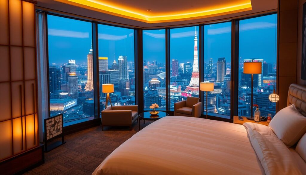A luxurious hotel room in a premium accommodation in Tokyo, Japan, featuring floor-to-ceiling windows that showcase stunning neon lights and futuristic cityscape views. In the foreground, a plush king-sized bed adorned with elegant linens and traditional Japanese decor, including decorative shoji screens and zen elements. The middle ground features a stylish sitting area with modern furnishings, a sleek coffee table, and ambient lighting that creates a warm and inviting atmosphere. In the background, the mesmerizing Tokyo skyline is illuminated, with high-tech buildings and vibrant holiday lights reflecting the festive season. The image captures the essence of sophistication and comfort, evoking a sense of excitement and tranquility, ideally shot at dusk with soft, warm lighting to enhance the overall mood.