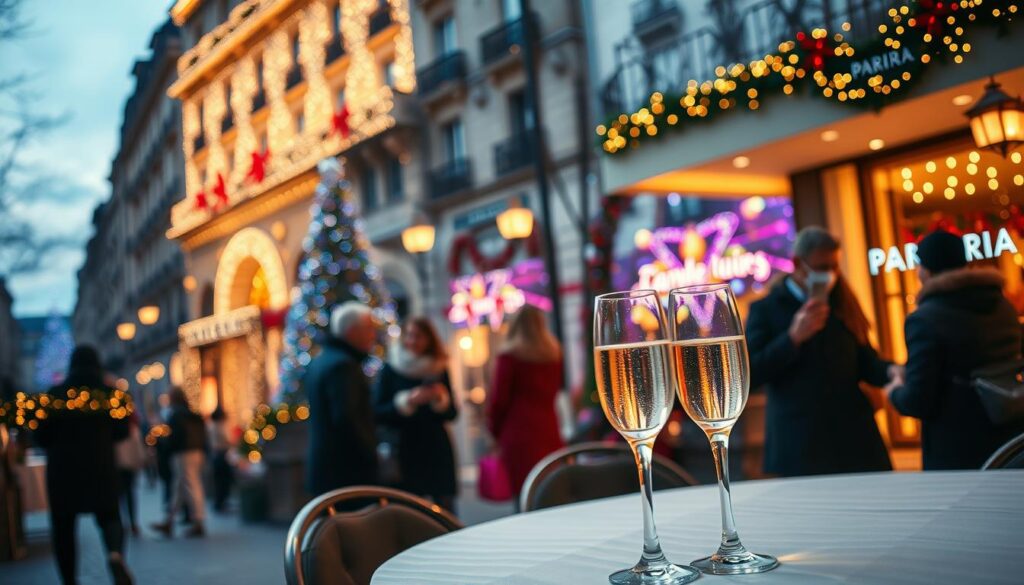 A luxurious scene of festive accommodation in Paris during Christmas, showcasing an elegant hotel exterior adorned with twinkling fairy lights and vibrant holiday decorations. In the foreground, a beautifully set table with champagne flutes, glimmering under soft, warm lighting, creates a welcoming atmosphere. The middle ground features people in stylish winter attire, joyfully interacting as they admire the holiday atmosphere. The iconic Champs-Élysées is visible in the background, illuminated with colorful lights and holiday displays, creating a magical ambiance. The scene is captured during twilight, with a soft-focus effect to enhance the enchanting mood, inviting viewers to experience the charm of Christmas in the City of Light.