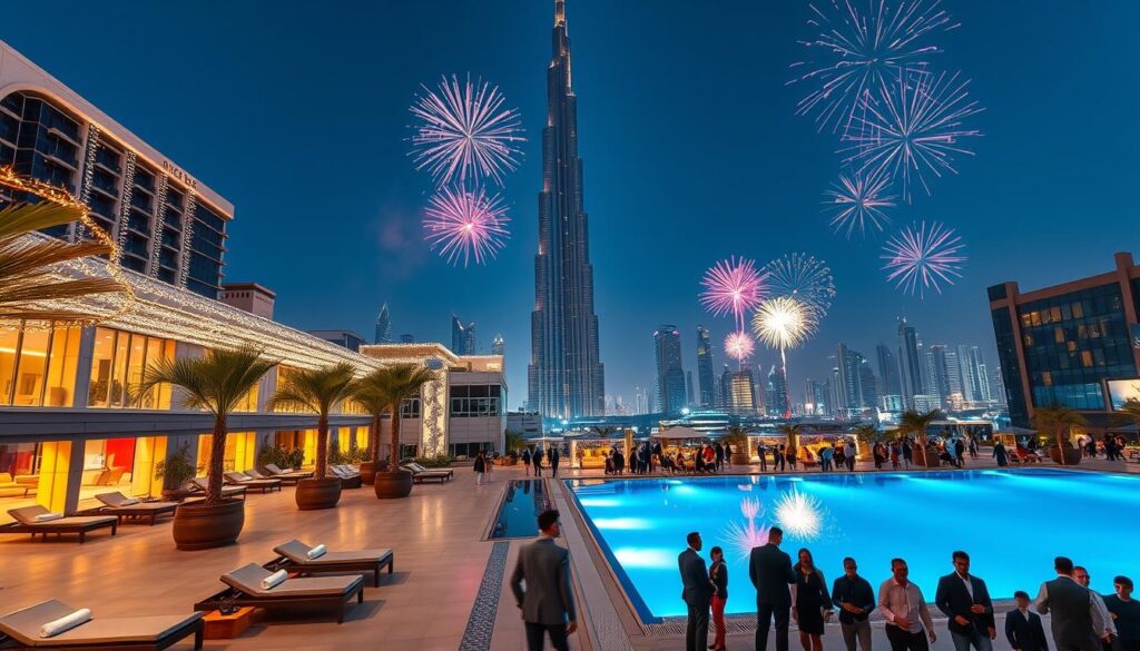 A luxurious scene of high-end hotels in Dubai during the New Year’s festivities. In the foreground, a stylish rooftop pool with elegant lounge chairs and palm trees under vibrant fairy lights. The middle features modern hotel facades with large glass windows, showcasing sleek architecture and top-tier amenities. In the background, the iconic Burj Khalifa towers majestically against a twilight sky filled with colorful fireworks. Use golden and glowing light effects to enhance the celebratory atmosphere. Capture the view from a slightly elevated angle to showcase the bustling streets filled with people dressed in professional business attire and modest casual clothing. The mood should be festive and luxurious, reflecting an unforgettable vacation experience. A luxurious scene of high-end hotels in Dubai during the New Year’s festivities. In the foreground, a stylish rooftop pool with elegant lounge chairs and palm trees under vibrant fairy lights. The middle features modern hotel facades with large glass windows, showcasing sleek architecture and top-tier amenities. In the background, the iconic Burj Khalifa towers majestically against a twilight sky filled with colorful fireworks. Use golden and glowing light effects to enhance the celebratory atmosphere. Capture the view from a slightly elevated angle to showcase the bustling streets filled with people dressed in professional business attire and modest casual clothing. The mood should be festive and luxurious, reflecting an unforgettable vacation experience.