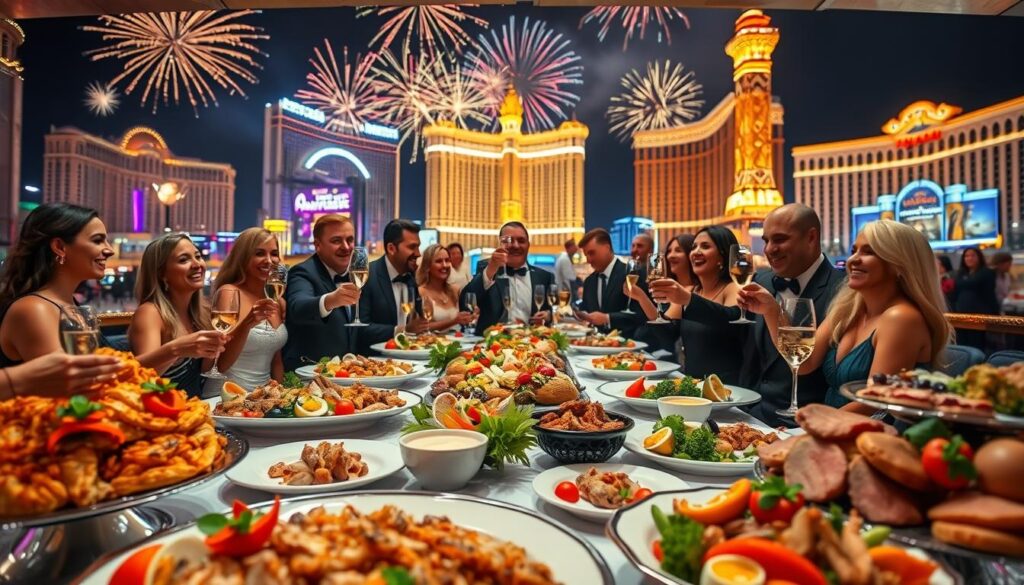 A luxurious table set for a New Year's Eve feast in Las Vegas, featuring an array of gourmet dishes including opulent seafood platters, fine cuts of meat, and colorful vegetarian selections. The foreground displays elegantly arranged plates with vibrant decorations and gourmet details. In the middle, diverse groups of elegantly dressed people in formal attire are joyfully toasting with champagne glasses, sharing laughter and excitement. The background showcases the iconic Las Vegas Strip, adorned with dazzling lights and vibrant fireworks lighting up the night sky, creating a festive atmosphere. Soft, warm lighting illuminates the scene, enhancing the celebratory mood. The angle captures a dynamic view, immersing the observer in the excitement of a gastronomic celebration on this festive night.