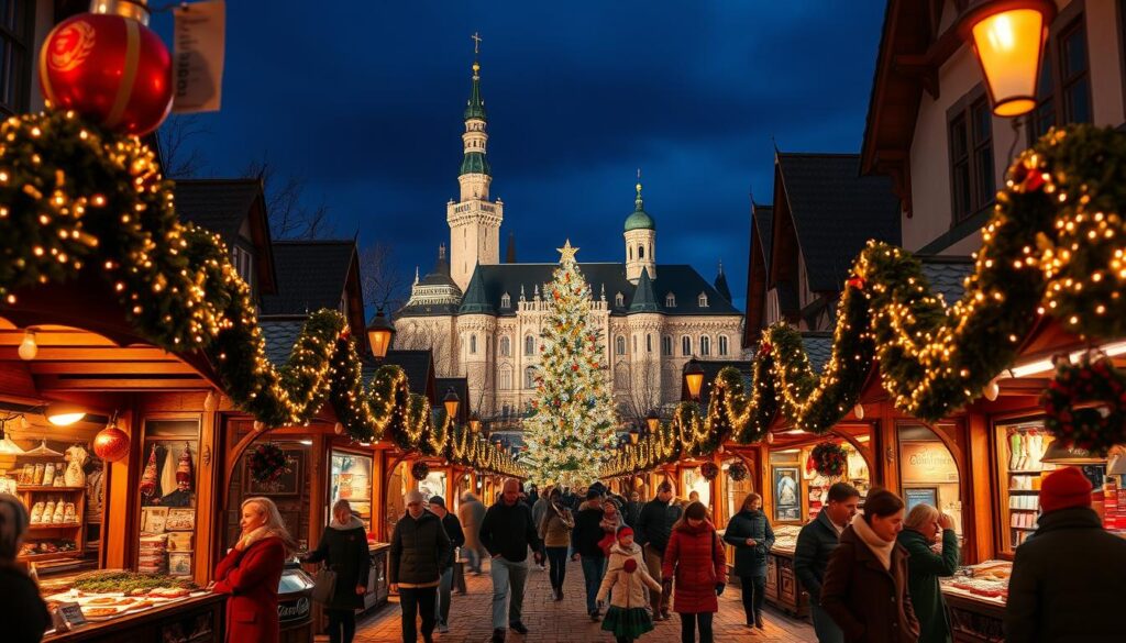 A magical Christmas market scene in Germany, illuminated by soft golden lights and adorned with vibrant holiday decorations. In the foreground, charming wooden stalls sell handcrafted decorations, mulled wine, and festive treats, with shoppers dressed in cozy winter attire exploring the market. In the middle ground, a large, beautifully decorated Christmas tree sparkles, surrounded by families enjoying the festive atmosphere. In the background, a historic castle glows with enchanting lights against a darkening blue sky, adding to the fairy-tale feel. Capture this lively ambiance with warm, inviting lighting, using a wide-angle perspective to encompass the scale of the event, conveying a sense of joy, wonder, and festive spirit. The mood should be cheerful and festive, embodying the holiday spirit.