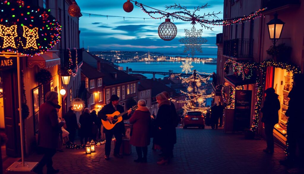 A magical Christmas scene in Alfama, Lisbon, during the festive season. In the foreground, a cobblestone street adorned with colorful twinkling lights and traditional Portuguese decorations. A small group of people, dressed in warm, modest clothing, gather around a local street musician playing Fado on a guitar, their faces illuminated by the soft glow of lanterns. In the middle ground, charming, historic buildings are draped in festive garlands, adding to the warm atmosphere. In the background, a stunning view of Lisbon's skyline with the Tagus River reflecting the dusk sky, infusing the scene with a sense of tranquility. The lighting is warm and inviting, creating a cozy, festive mood. Capture this vibrant, enchanting moment with a focus on depth and color richness.