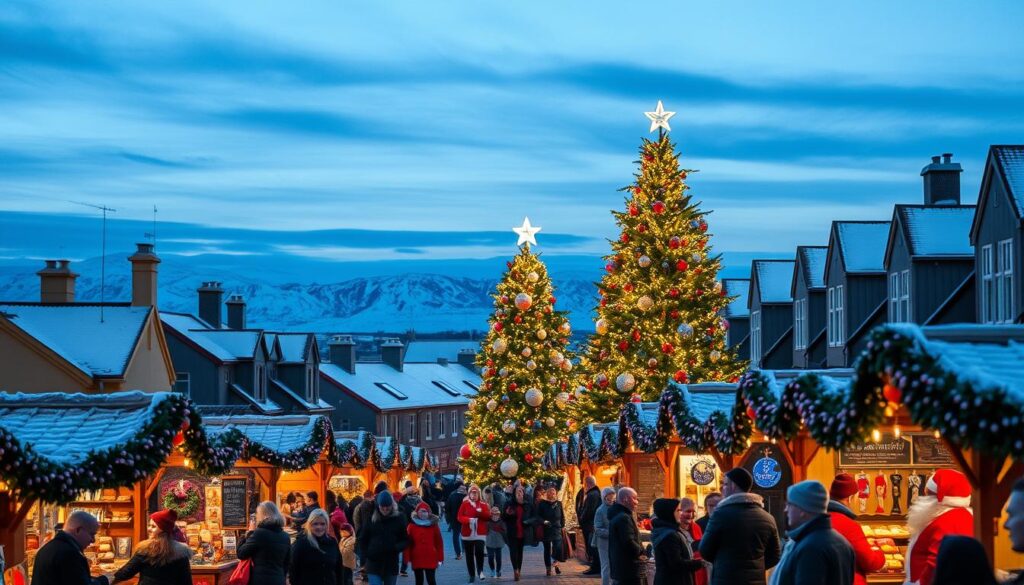 A magical Icelandic Christmas scene capturing the essence of Reykjavik during the holiday season. In the foreground, a cozy street market bustles with happy families dressed in warm winter clothing, exploring festive stalls adorned with twinkling lights. In the middle ground, a grand Christmas tree sparkles under a soft glow, with Santa Clauses of various styles mingling with joyful children. The background features snow-covered rooftops against a clear twilight sky, sprinkled with stars, and the silhouette of distant mountains. The overall atmosphere is warm and inviting, filled with holiday cheer, utilizing a soft focus lens to create a dreamy effect. The bright, warm lighting contrasts with the cool, crisp winter air, evoking a sense of wonder and excitement. A magical Icelandic Christmas scene capturing the essence of Reykjavik during the holiday season. In the foreground, a cozy street market bustles with happy families dressed in warm winter clothing, exploring festive stalls adorned with twinkling lights. In the middle ground, a grand Christmas tree sparkles under a soft glow, with Santa Clauses of various styles mingling with joyful children. The background features snow-covered rooftops against a clear twilight sky, sprinkled with stars, and the silhouette of distant mountains. The overall atmosphere is warm and inviting, filled with holiday cheer, utilizing a soft focus lens to create a dreamy effect. The bright, warm lighting contrasts with the cool, crisp winter air, evoking a sense of wonder and excitement.