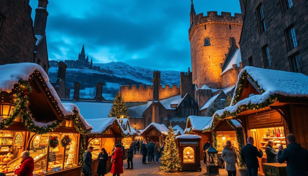 A magical winter scene set in a charming medieval Scottish castle, inspired by the enchanting world of Harry Potter. In the foreground, a vibrant market bustling with visitors dressed in warm, modest clothing, enjoying festive foods and drinks, illuminated by twinkling fairy lights. The middle ground features the majestic castle, its stone towers adorned with festive decorations, capturing a sense of wonder. In the background, the rolling hills of Edinburgh dusted with snow under a twilight sky, stars beginning to twinkle. Soft, warm lighting casts a welcoming glow over the scene, evoking a cozy and festive atmosphere. The image is composed with a wide-angle perspective, enhancing the immersive experience of this magical celebration.