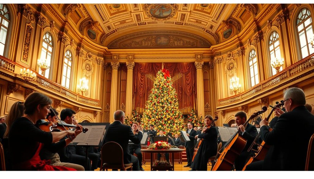 A majestic concert hall in Vienna, decorated for the Christmas season, showcasing a classical Christmas concert. In the foreground, elegantly dressed musicians play violins and cellos, their expressions filled with passion and concentration. The middle ground features a grand, ornately decorated stage with a massive Christmas tree adorned with twinkling lights and golden ornaments. The background captures the opulence of the imperial palace with its baroque architecture, soft golden light spilling through large windows, illuminating the scene. The atmosphere is festive and enchanting, evoking the warmth of holiday music. Use soft, warm lighting to create a cozy feel, with a focus on a wide-angle view to encompass the grandeur of the venue.