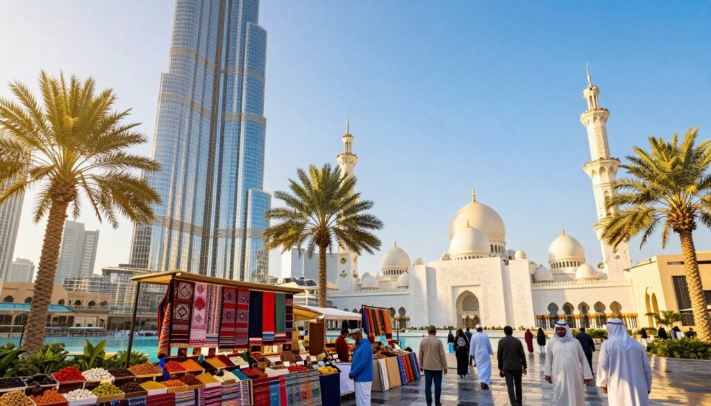 A mesmerizing travel itinerary through the United Arab Emirates showcases stunning architecture and vibrant culture. In the foreground, a luxurious modern skyscraper representing Dubai, with its glass façade reflecting the sunlight, surrounded by palm trees. The middle ground features traditional elements like a bustling souk with colorful textiles and spices, where visitors in smart casual attire are exploring. In the background, the iconic Sheikh Zayed Grand Mosque in Abu Dhabi stands majestically against a clear blue sky. The scene is illuminated by warm, golden sunlight, creating a dreamy atmosphere with a sense of adventure and excitement, perfect for a New Year's celebration. The angle captures both the modern and traditional aspects of the Emirati experience, inviting viewers to envision their own journey of 4 to 7 days in this captivating region.