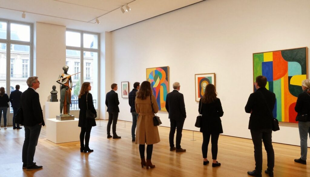 A modern Parisian museum interior, showcasing vibrant contemporary art exhibits. In the foreground, a diverse group of elegantly dressed visitors, including men in suits and women in stylish coats, admire the artwork, reflecting cultural appreciation and connectivity. The middle ground features striking sculptures and colorful paintings on white walls, illuminated by soft, diffused natural light streaming in through large windows. The background reveals a glimpse of Parisian architecture outside, hinting at the city’s historical charm. The overall atmosphere captures a blend of creativity and sophistication, embodying the connection between culture and modernity, with a sense of warmth and inviting exploration. Shot with a wide-angle lens to capture the spaciousness and vibrancy of the museum setting.