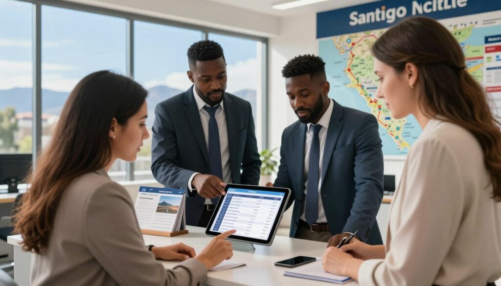A modern travel agency office with professionals in business attire discussing flights to Chile. In the foreground, a diverse group of three consultants (a Hispanic woman, a Black man, and a Caucasian woman) are examining a digital tablet displaying flight options to Santiago. In the middle ground, a stylish desk with travel brochures and a map of Chile, highlighting destinations like vineyards and scenic spots. The background shows a large window with a view of a clear blue sky and distant mountains, symbolizing travel. The lighting is bright and inviting, creating a warm atmosphere suggestive of summer adventures. The angle is slightly elevated, providing a comprehensive view of the travel planning scene, emphasizing excitement and preparation for a journey.