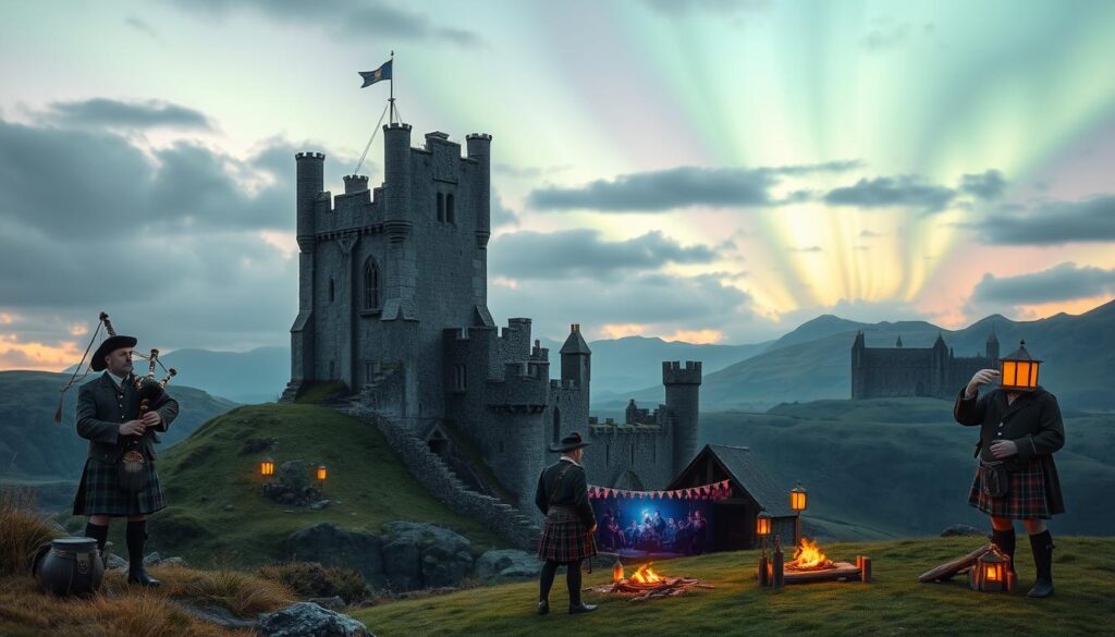A mystical Scottish landscape featuring iconic castles and cultural symbols. In the foreground, a majestic medieval castle made of gray stone, adorned with fluttering flags, surrounded by lush green hills. To the sides, traditional Scottish folklore elements like a bagpiper in modest attire playing his instrument, and a figure dressed as a kilt-wearing Scotsman sharing a captivating story. In the middle, a vibrant scene of a festive Hogmanay celebration with lanterns and fire pits illuminating the night. The background reveals a stunning twilight sky with hints of the Northern Lights, casting a magical glow over the entire scene. Capture a sense of wonder and intrigue, evoking the rich history and legends of Scotland, with soft, warm lighting to enhance the atmosphere.