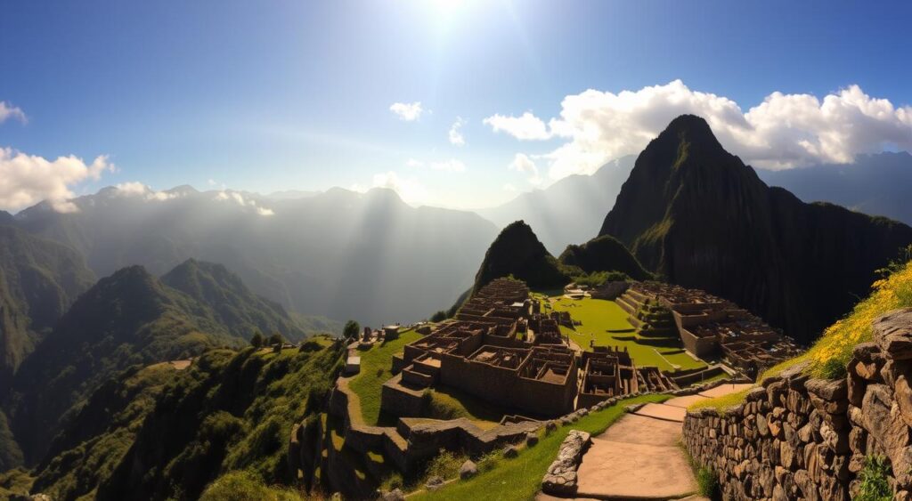 A panoramic vista of the iconic Machu Picchu citadel, nestled amidst the majestic Andes mountains. Towering stone structures and terraced gardens blend seamlessly into the lush, verdant landscape. Warm, golden light filters through wispy clouds, casting a serene, ethereal glow over the scene. In the foreground, a winding stone path leads visitors through the ancient ruins, inviting exploration. The middle ground features an array of Inca architecture, including the famous Temple of the Sun and the iconic Main Plaza. In the distance, rugged mountain peaks rise into the hazy blue sky, creating a dramatic, awe-inspiring backdrop. The overall atmosphere evokes a sense of timeless wonder and the majesty of this lost Inca citadel.