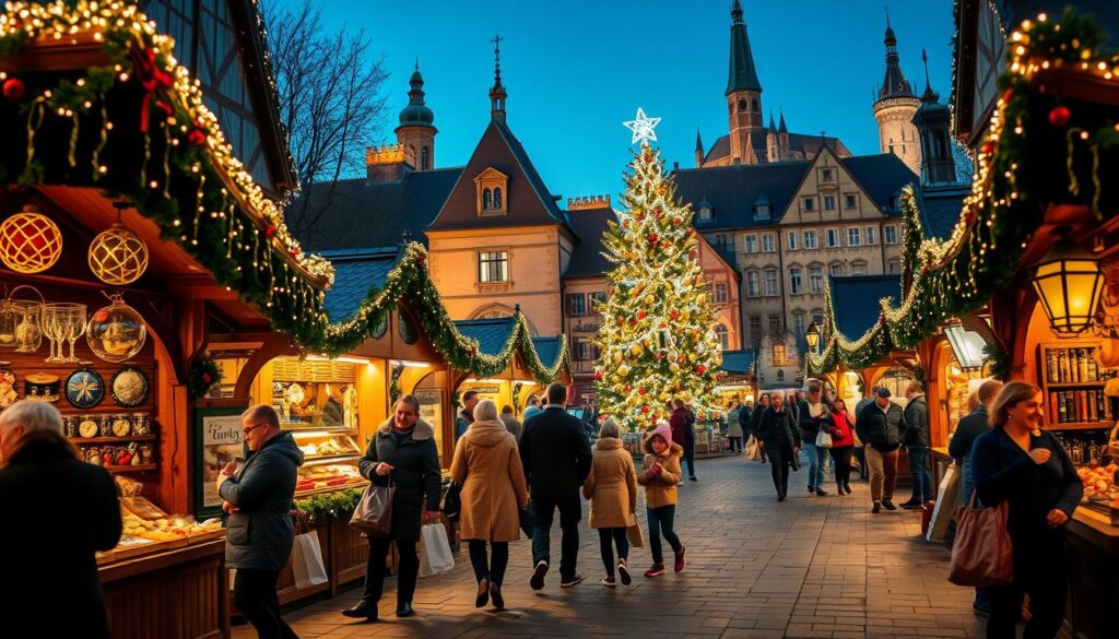 A picturesque German Christmas market during the evening, bustling with festive energy. In the foreground, elegantly decorated wooden stalls filled with handcrafted ornaments, glowing fairy lights, and seasonal treats like roasted chestnuts and mulled wine. Shoppers in warm, modest clothing, some carrying shopping bags, wander joyfully. The middle ground showcases a beautifully decorated Christmas tree adorned with shimmering lights and ornaments, flanked by cheerful children and families enjoying the festive atmosphere. In the background, historic buildings and castles, softly illuminated, provide a stunning backdrop, suggesting a magical winter night. The scene is filled with a warm, enchanting glow, enhancing the feeling of holiday spirit. Captured from a slightly elevated angle to convey depth, focusing on the vibrant colors and textures amidst the subdued evening lighting.