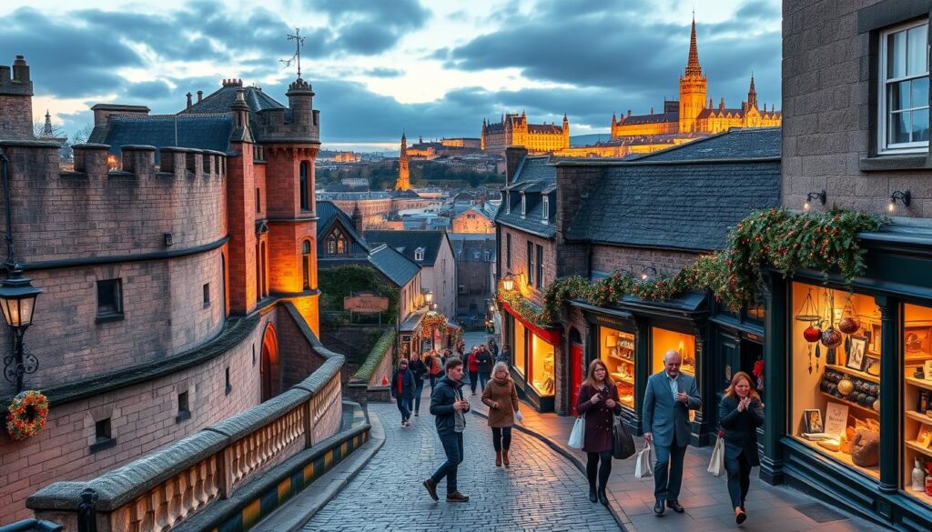 A picturesque holiday scene in Edinburgh, Scotland, showcasing a travel itinerary for a 3-5 day stay. In the foreground, a beautifully detailed medieval castle with stone walls and festive decorations, surrounded by twinkling Christmas lights. In the middle ground, a charming cobblestone street lined with quaint shops displaying traditional Scottish goods and holiday ornaments. People in modest winter clothing happily explore the area, carrying shopping bags and sipping hot beverages. The background features the iconic Edinburgh skyline under a dusky evening sky, with warm golden lighting illuminating the buildings. A sense of joy and celebration fills the air, capturing the festive atmosphere of Hogmanay. The composition is rich in detail, vibrant colors, and a cozy ambience, perfect for inspiring travelers.