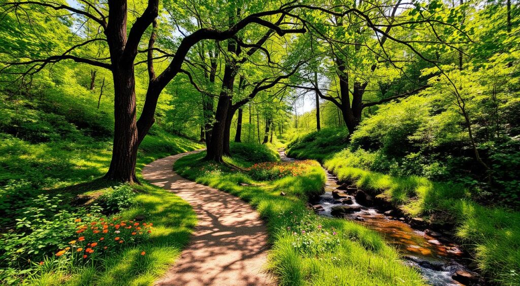 A picturesque natural setting with a meandering path winding through a lush, verdant landscape. Towering trees line the trail, their branches casting dappled shadows on the ground below. Vibrant wildflowers dot the scene, adding pops of color to the serene environment. A babbling brook or small stream runs parallel to the path, its gentle sounds creating a calming ambiance. The lighting is soft and warm, creating a tranquil, peaceful atmosphere. The angle captures the path leading the viewer's eye into the serene wilderness, inviting a sense of exploration and connection with nature.