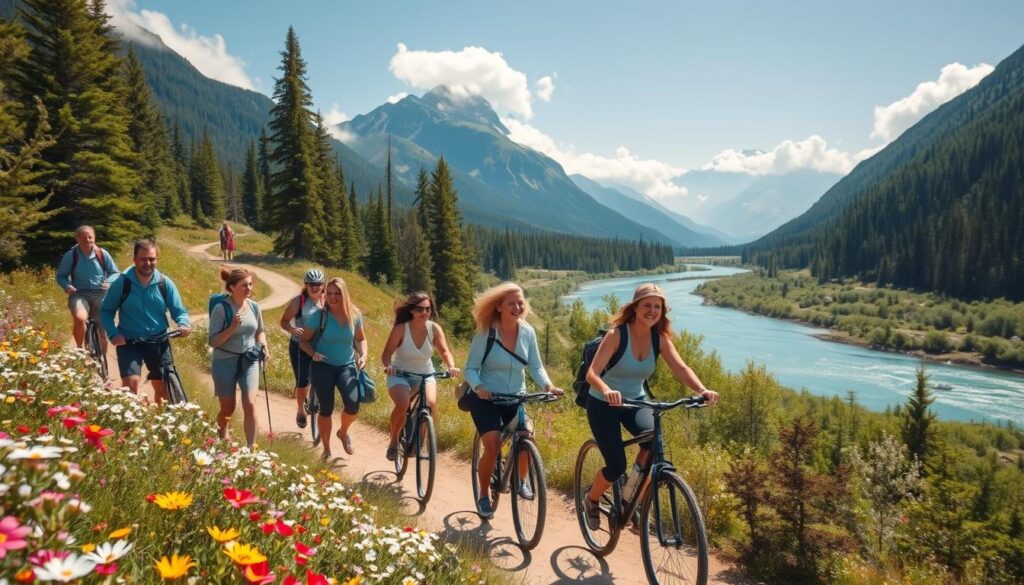 A picturesque outdoor adventure scene set in a vibrant, lush landscape. In the foreground, a diverse group of individuals wearing modest casual clothing are engaged in various activities like hiking and cycling, radiating joy and excitement. The middle ground features a winding trail surrounded by blooming wildflowers and tall trees, with a serene river flowing nearby, reflecting the bright blue sky. In the background, majestic mountains rise, partially shrouded in mist, adding depth to the scene. Soft, natural lighting bathes the landscape, creating a warm and inviting atmosphere. The angle is slightly elevated, capturing the breadth of the environment and emphasizing the sense of exploration and adventure.