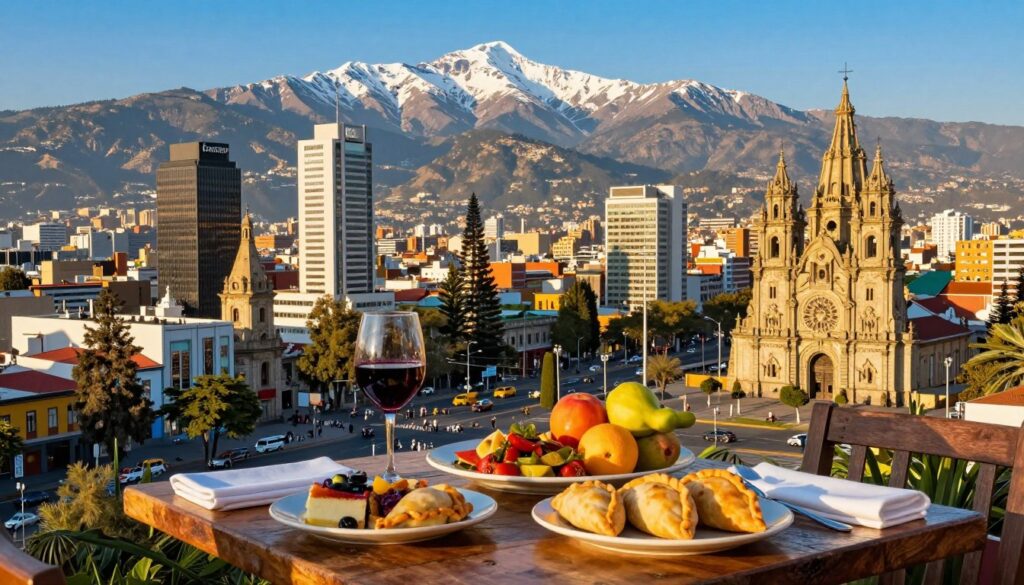 A picturesque overview of Santiago, Chile, during summer, showcasing a vibrant cityscape with the Andes mountains in the backdrop. In the foreground, a beautifully arranged table with a rustic wooden surface, featuring a glass of red wine and local cuisine, such as empanadas and fresh fruits. The middle ground displays iconic Santiago landmarks like the Sky Costanera and Plaza de Armas, set against a clear blue sky illuminated by warm, golden sunlight. The background features the majestic mountains with their snow-capped peaks. The atmosphere is inviting and lively, capturing the essence of summer exploration in Chile. Use a wide-angle lens for depth and a slightly elevated angle to capture the bustling energy of the city and its natural beauty.