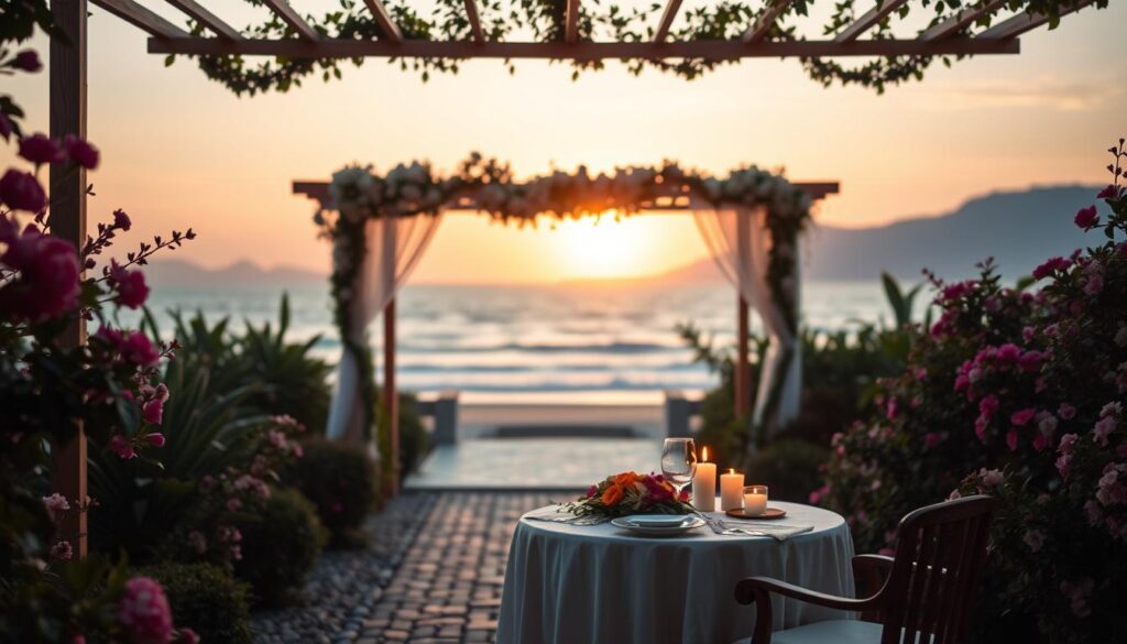 A picturesque romantic getaway for couples, featuring a cozy outdoor dining setup under a beautifully decorated pergola, surrounded by lush greenery and blooming flowers. In the foreground, a small table is elegantly set with fine china, flickering candles, and a colorful bouquet, inviting intimacy. In the middle, a softly lit pathway leads to a scenic view, where gentle waves kiss a sandy beach at sunset, casting a warm golden glow over the scene. The background reveals silhouettes of distant mountains under a pastel sky, harmonizing the idyllic setting. The mood is enchanting and serene, capturing the essence of a perfect romantic escape. Use soft focus and warm lighting to enhance the romantic atmosphere and evoke feelings of love and connection.