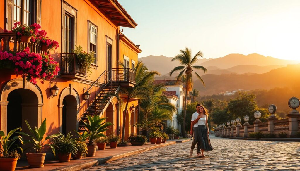 A picturesque scene capturing the charm and history of Brazilian destinations. In the foreground, a vibrant colonial-style building adorned with colorful flowers and rustic balconies, showcasing the architectural beauty of Brazil. The middle ground features a couple happily exploring a cobblestone street lined with historical landmarks, dressed in modest casual clothing. Lush tropical trees and vivid greenery enhance the atmosphere, while a warm golden sunset bathes the scene in soft, inviting light. In the background, rolling hills and the outline of famous mountains evoke a sense of adventure and romance. The overall mood is serene and enchanting, reflecting the rich cultural tapestry and natural beauty of Brazil, ideal for a romantic summer getaway.