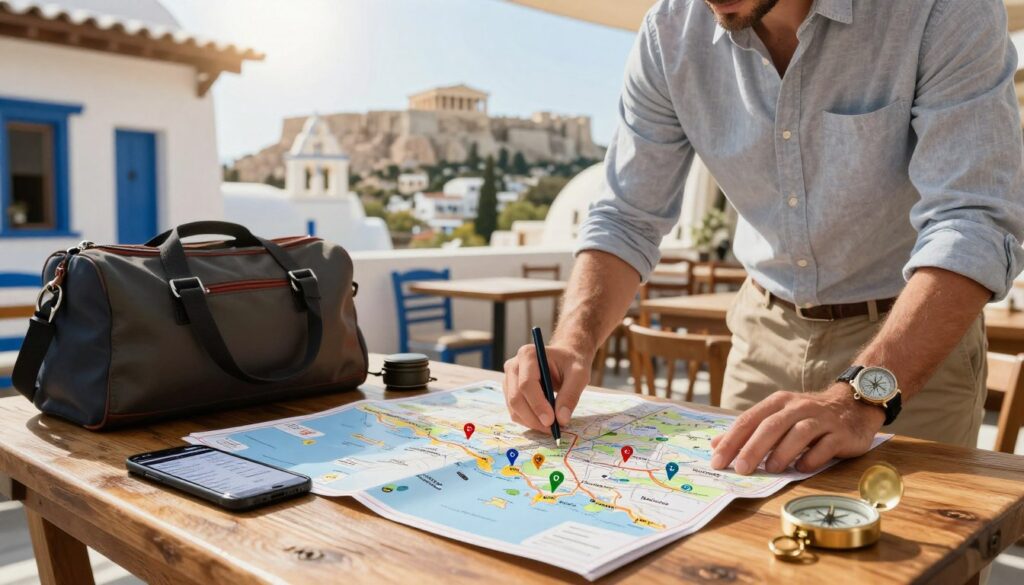 A picturesque scene capturing the essence of travel logistics in Greece, featuring a well-organized traveler's map spread out on a rustic wooden table, with markers for Athens and various Greek islands highlighted. In the foreground, a professional individual, dressed in smart casual attire, studies the map, surrounded by travel essentials like a smartphone displaying flight information, a stylish travel bag, and a compass. The middle ground reveals a cozy café with traditional Greek architectural elements, showcasing blue and white accents. In the background, a beautiful view of the Acropolis under a bright, sunny sky. Soft, warm lighting creates a welcoming atmosphere, evoking the excitement of planning a Greek getaway. Use a wide-angle lens to capture the full charm of the setting.