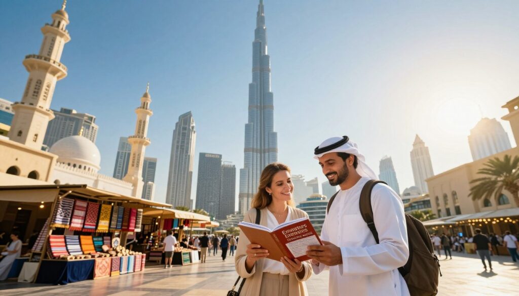 A picturesque scene capturing the essence of travel tips for the Emirates, featuring a vibrant, sun-drenched cityscape of Dubai and Abu Dhabi. In the foreground, a well-dressed couple is consulting a travel guide, surrounded by iconic landmarks like the Burj Khalifa and the Sheikh Zayed Grand Mosque. The middle ground showcases a bustling market with colorful stalls and traditional textiles, while the background features the stunning skyline of modern skyscrapers against a bright blue sky. The warm sunlight creates a golden ambiance, enhancing the welcoming feel of the scene. Shot at a slight angle with a wide lens to capture the grandeur of the surroundings, evoking excitement and adventure for an unforgettable New Year trip. The mood is cheerful and enticing, ideal for inspiring travelers.